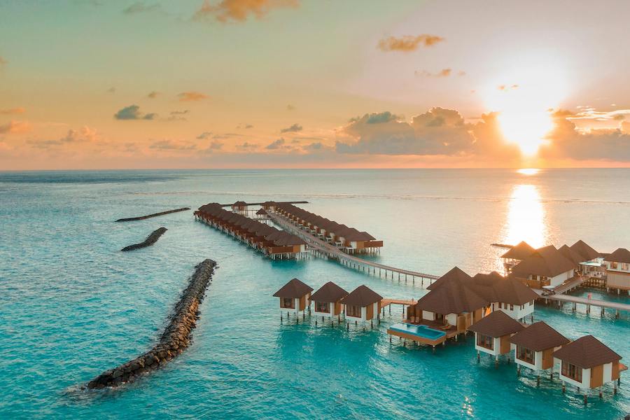 panoramic view of Maldives over the water bungalows